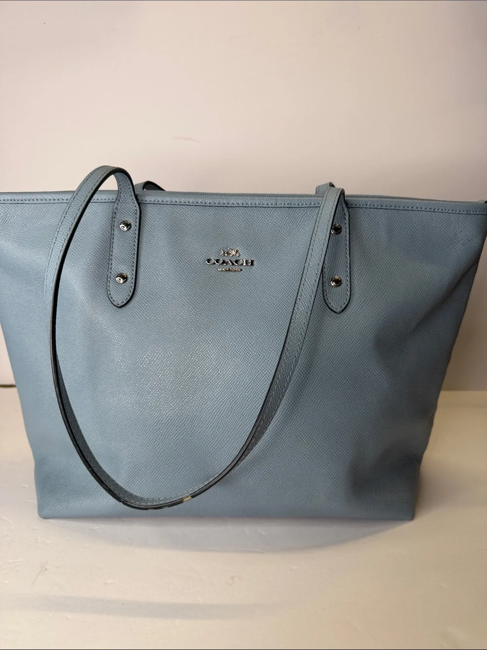 Coach Light Blue Leather Tote with Silver Hardware
